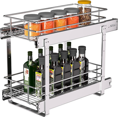 2-Tier Cabinet Pull Out Shelves, 14" W x 22" D, Chrome | Heavy-Gauge Wire Kitchen Cabinet Organizer, 100 lbs Capacity, Ball-Bearing Glides, Min 15" Opening, For Tupperware & Bowls