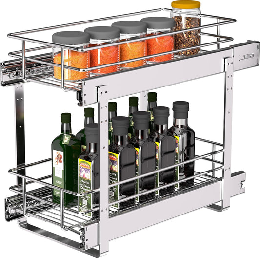 2-Tier Cabinet Pull Out Shelves, 14" W x 22" D, Chrome | Heavy-Gauge Wire Kitchen Cabinet Organizer, 100 lbs Capacity, Ball-Bearing Glides, Min 15" Opening, For Tupperware & Bowls
