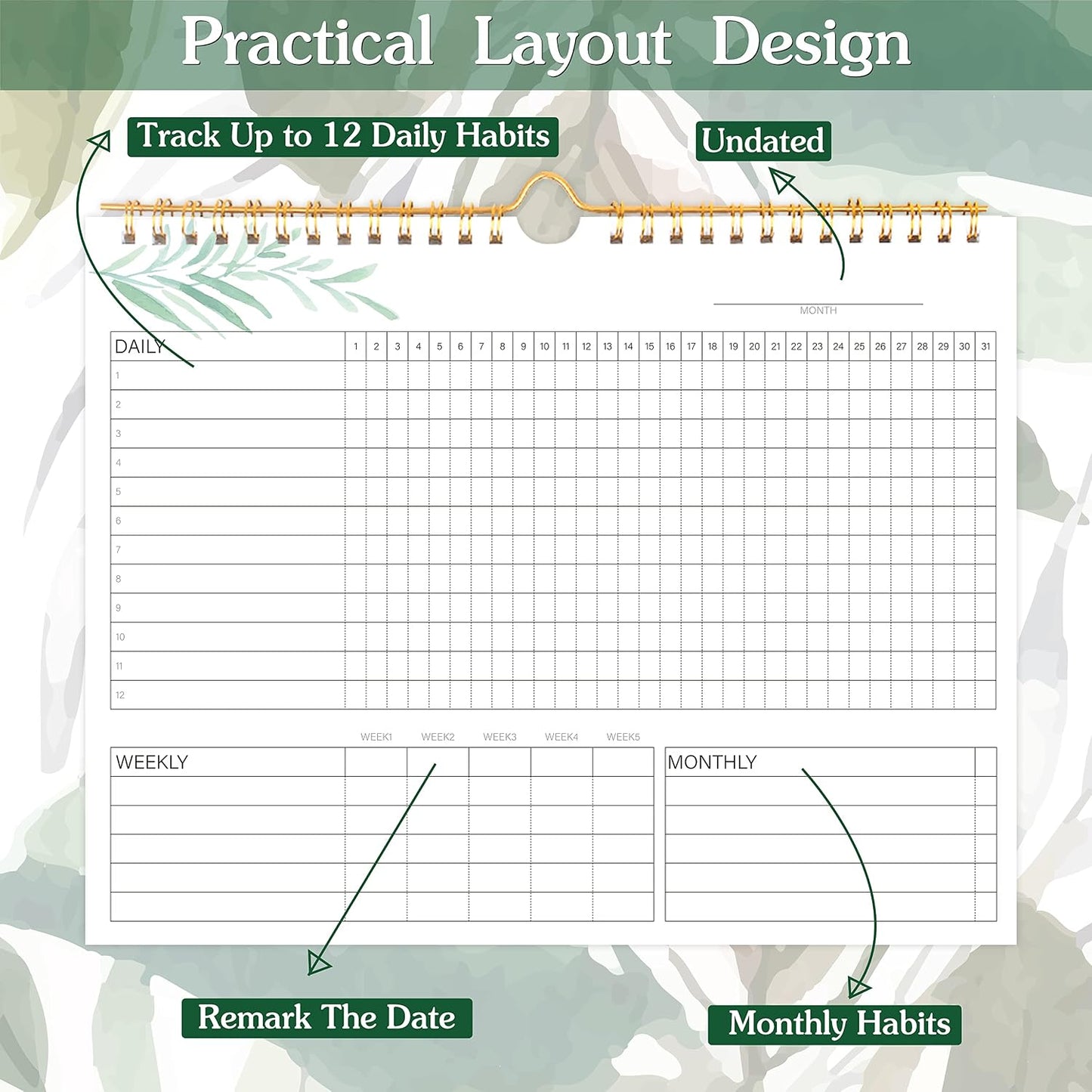 Habit Tracker Calendar- Daily, Weekly & Monthly Habit Tracker Journal | Undated, 12 Months, 7.9"x10", Writable, for Goal Setting, Boost Productivity, Workout Motivation & Self Care Tool