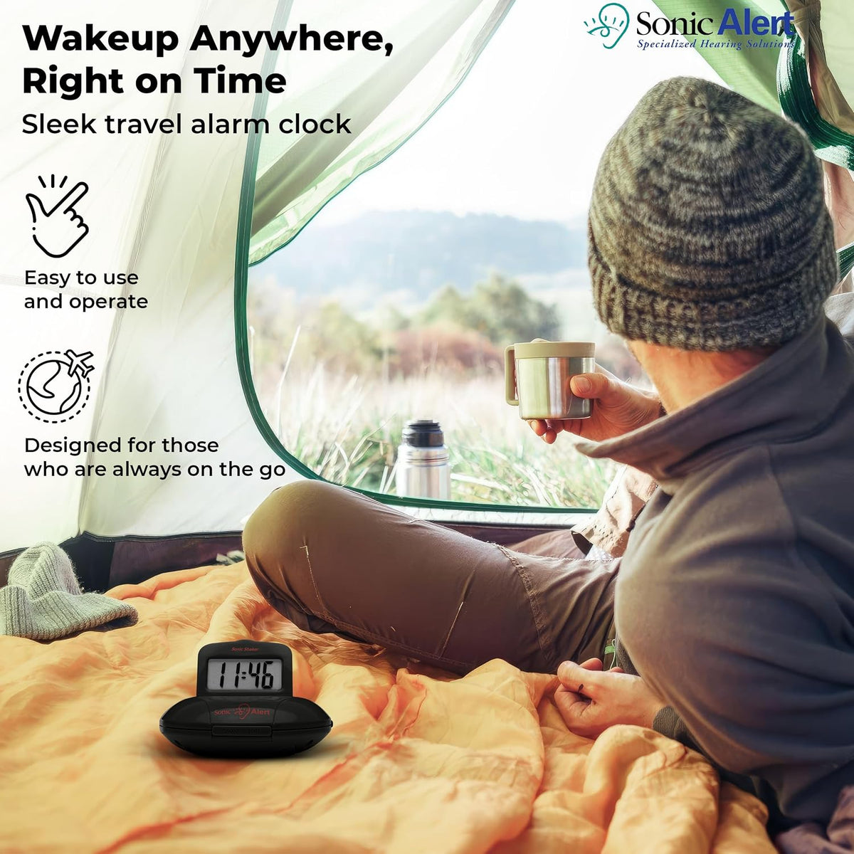 Sonic Alert Portable Loud Vibrating Alarm Clock, Black - SBP100B - Sonic Shaker Loud Vibrating Alarm Clock - Wake with a Shake