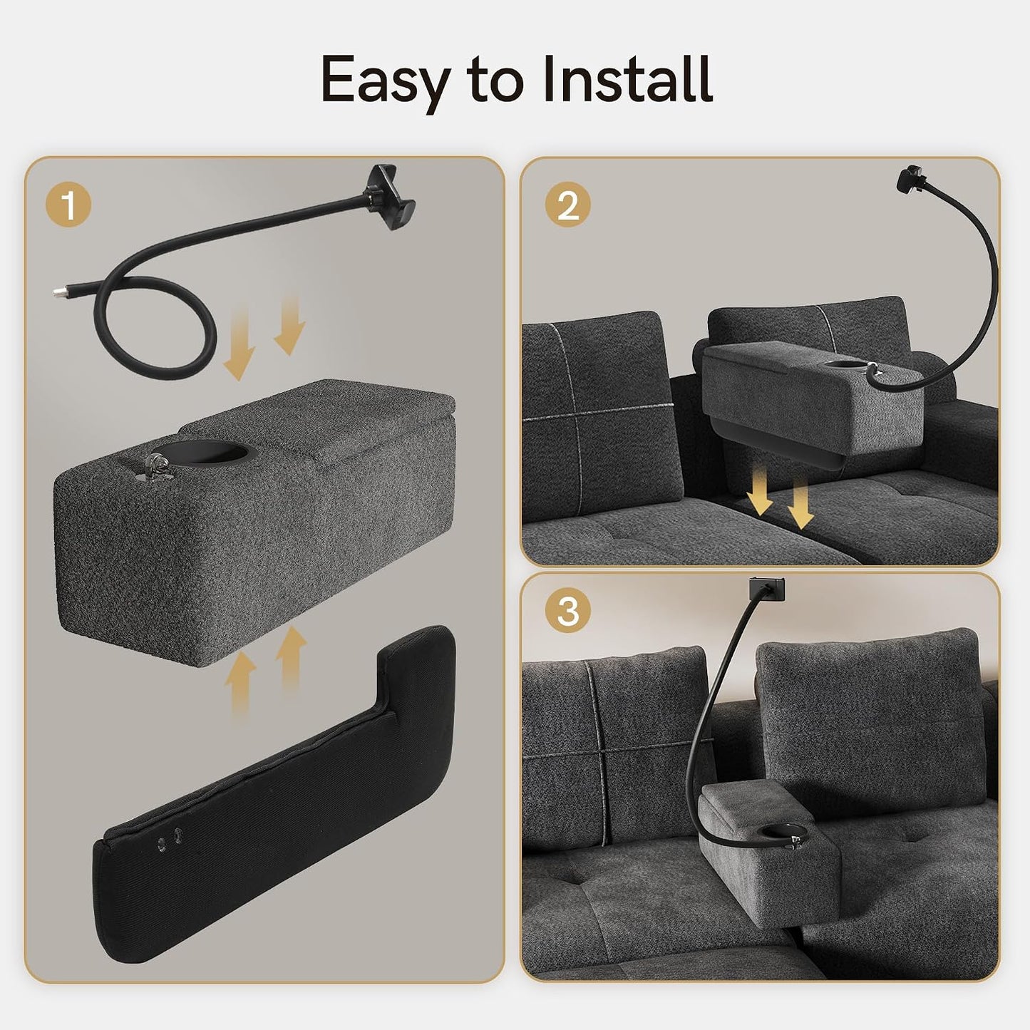 Couch Caddy with Cup Holder, 20.3 Inch White Armrest Console | Removable Sofa Armrest Organizer with Charging and Phone Holder, Storage for Remotes, Snacks and Everyday Essentials