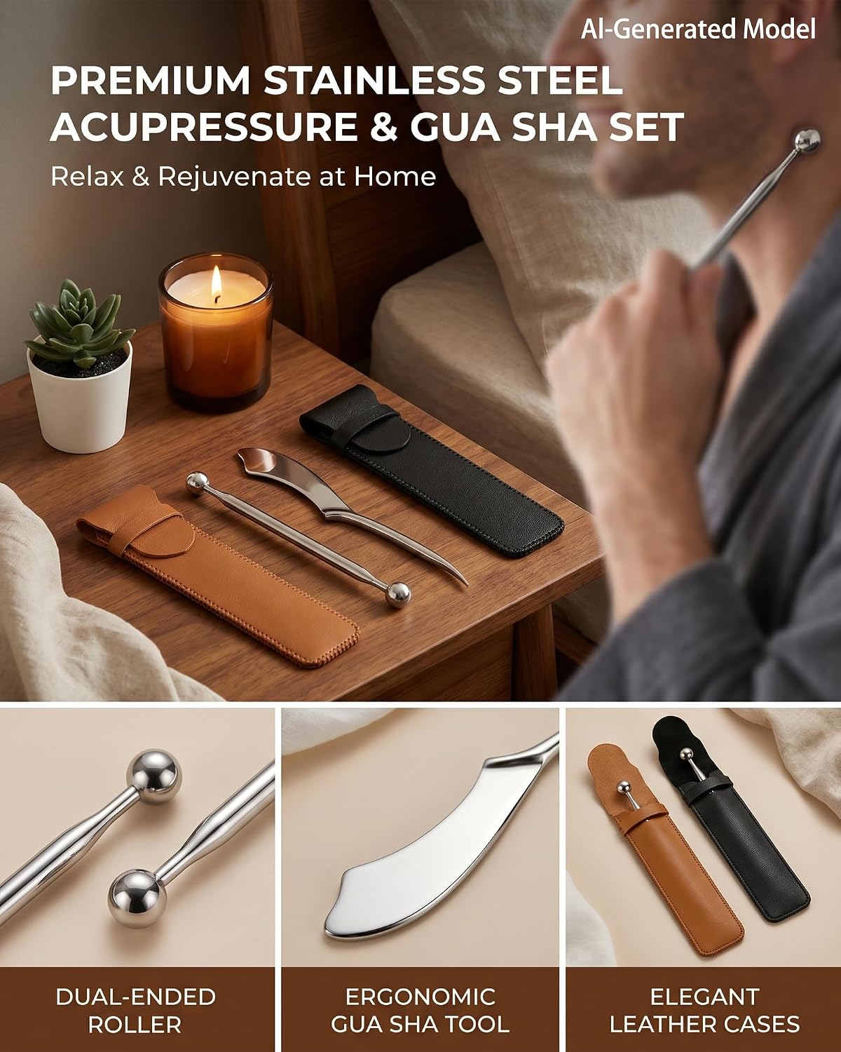Stainless Steel Roller Massage Tools Set,3 Pcs Skin Care Kit for Daily Use
