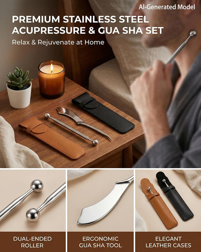 Stainless Steel Roller Massage Tools Set,3 Pcs Skin Care Kit for Daily Use