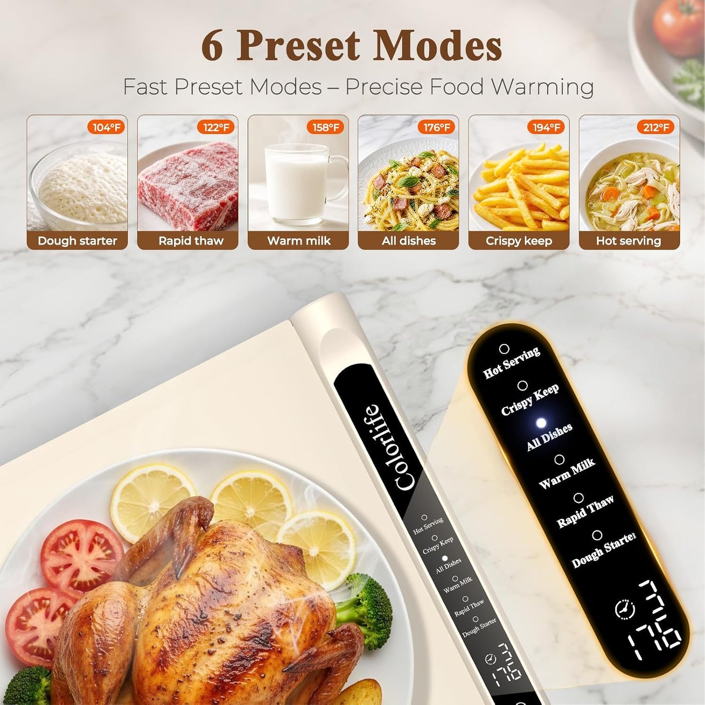 Warming Mat for Food, Electric Warming Tray with Heat-Resistant Pad-L Grey | Colorlife 6 Preset Modes, 7 Temps, 6H Timer, Child Lock, Auto-Memory, Rollable Silicone Food Warmer for Buffet, Parties