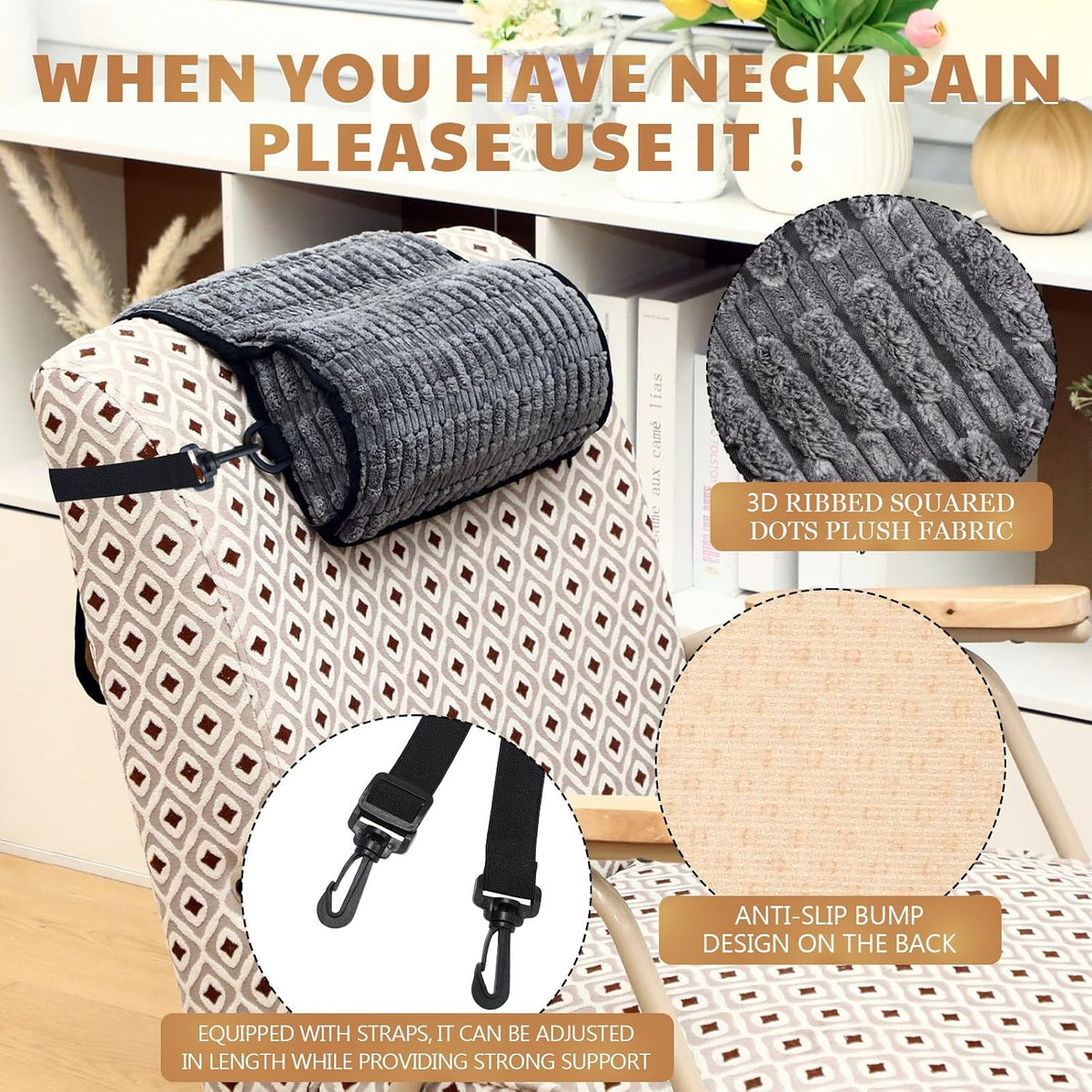 Chunful Headrest Recliner Memory Pillow Adjustable Support Cushions with Belt and Zipper for Neck Head Pain Relief Suitable for Sofas Recliners Office or Massage Chairs