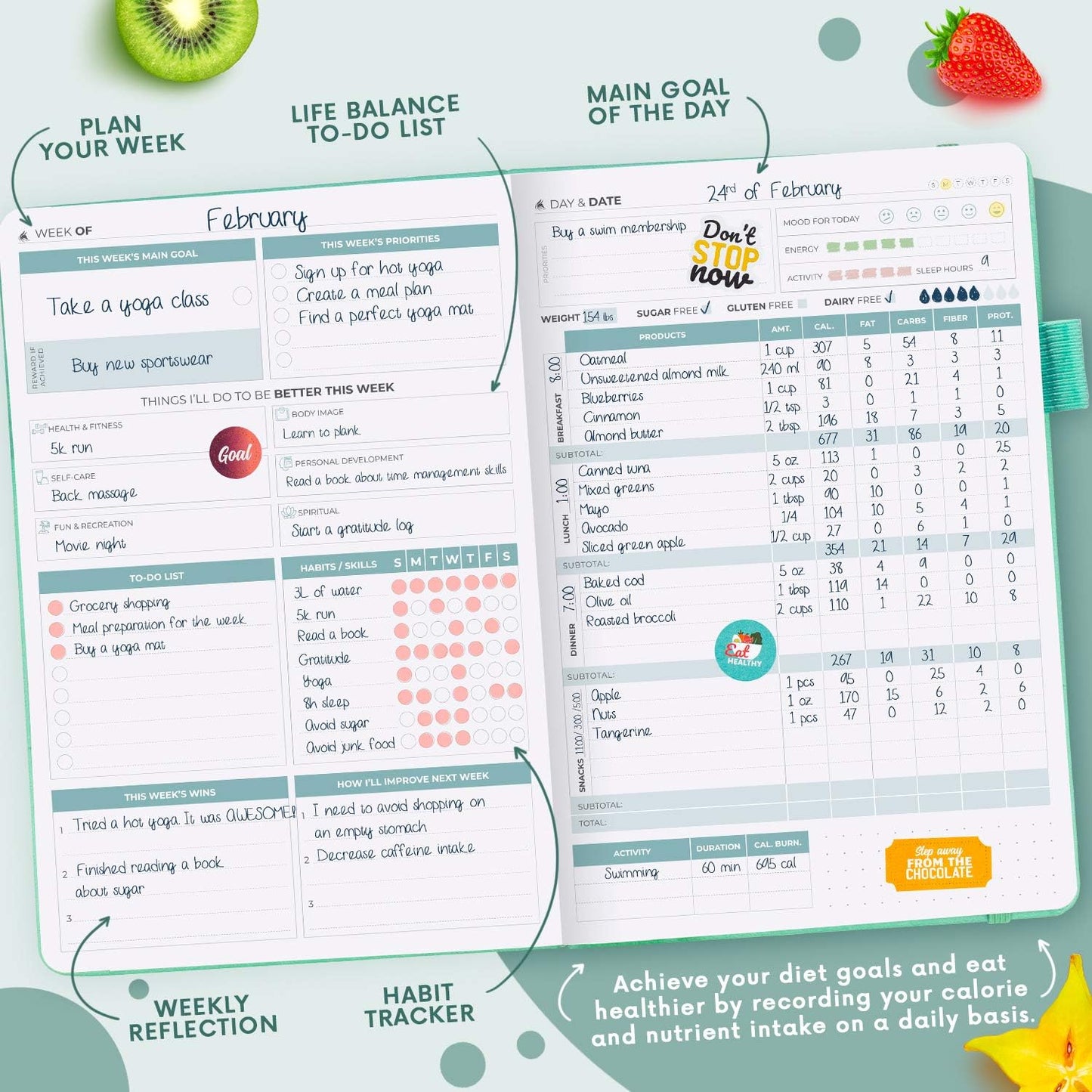 Clever Fox Wellness Planner & Food Journal for Weight Loss, A5 Orange | 5.8"x8.3" nutrition & exercise tracker for women tracking meals, diet & symptom diary, calorie counter notebook, stickers