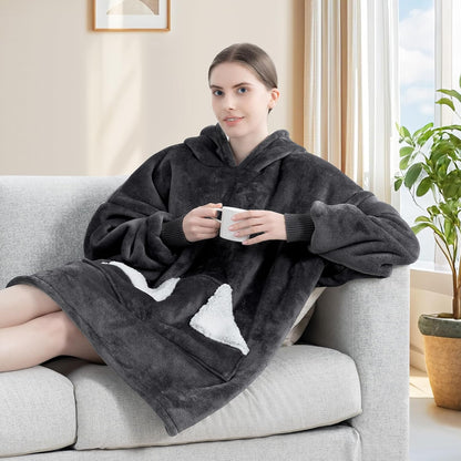 Wearable Blanket Hoodie, Oversized Sherpa Fleece Sweatshirt Blanket with Giant Hood Pocket and Sleeves for Adult, Warm & Cozy Grey Blanket Gifts for Women