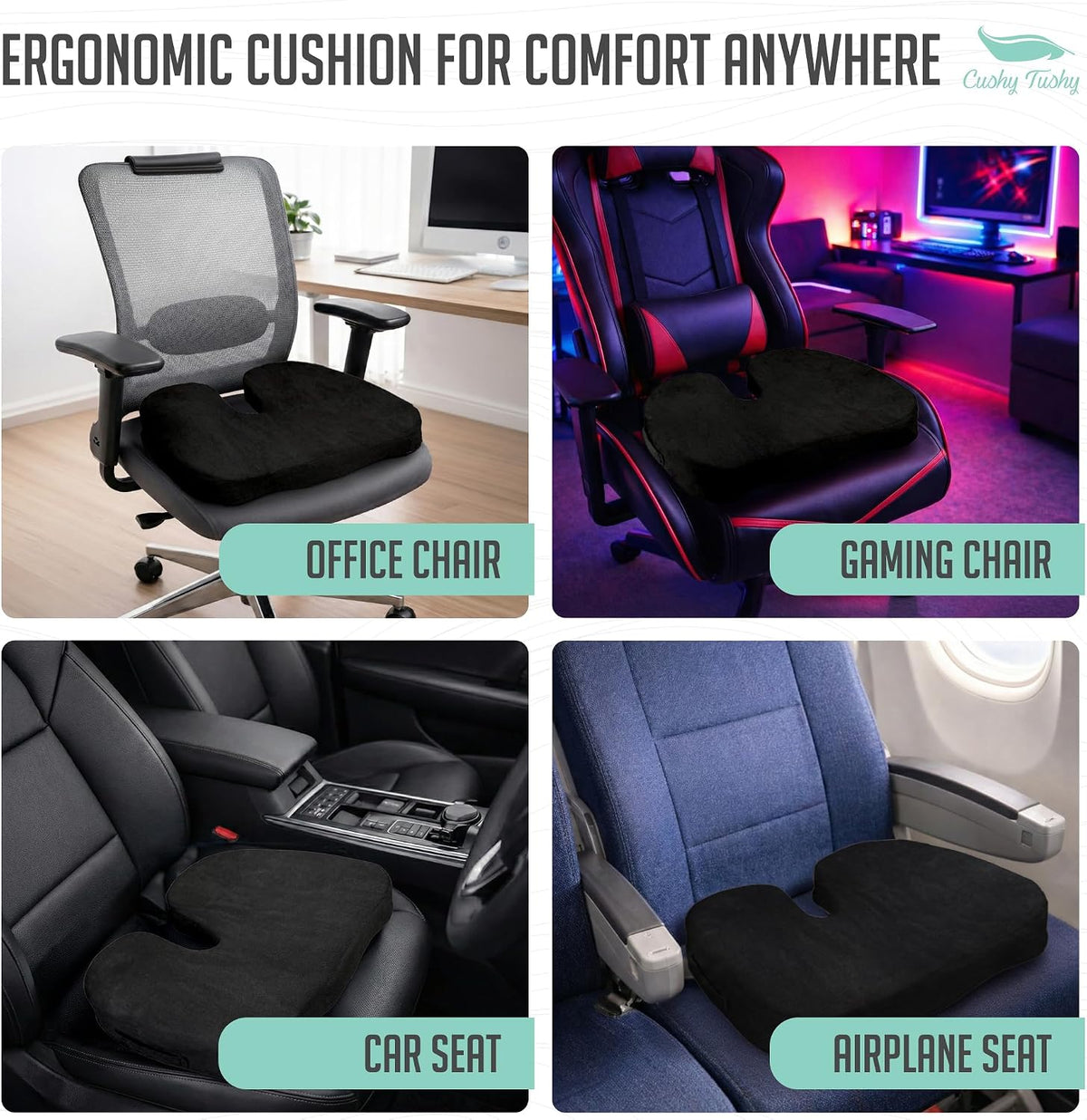 Cushy Tushy Premium Foldable Travel Seat Cushion - for Relief of Lower Back, Sciatic, Butt and Tailbone Pain - for Home & Office Use, Perfect for Travel or Driving - Coccyx Seat Cushion