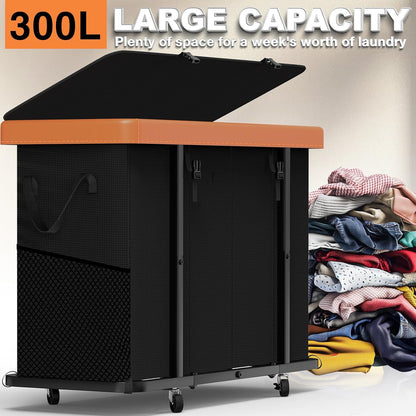 Laundry Hamper with Wheels,150L Leather Patchwork Clothes Hamper Black | Rolling Laundry Basket with Sturdy Metal Frame, Removable Washable Bag,Tall Clothes Sorter for Bedroom, Laundry Room, Dorm