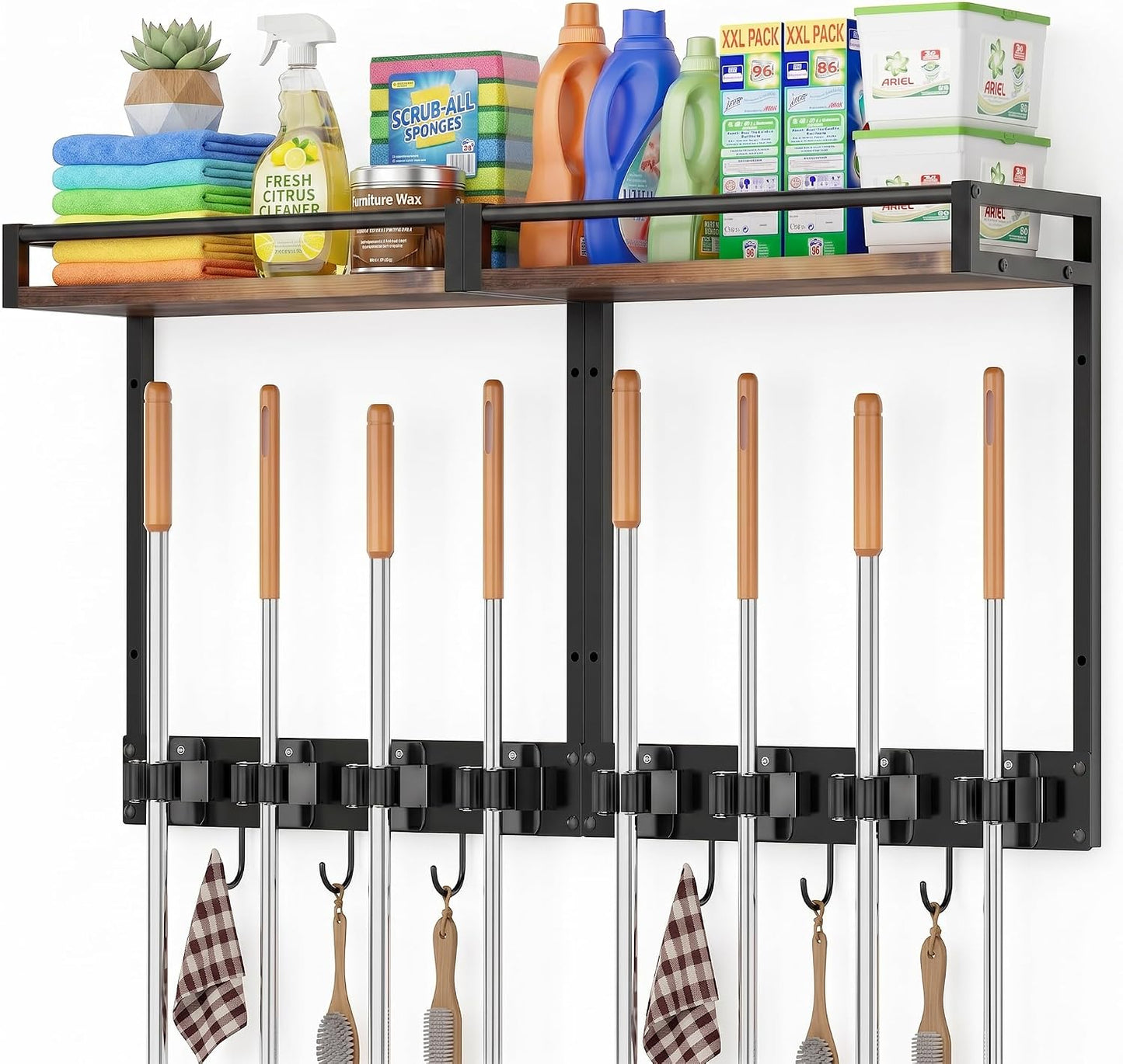 Broom Holder Wall Mount with Shelf, 15.7" Wx6.7 Dx15.7 H, 1 Pack | Load 66LBS, 4 Mop Hanger Grippers, 3 Hooks, for Laundry Room, Garage, Utility Closet, Kitchen