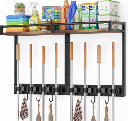 Broom Holder Wall Mount with Shelf, 15.7" Wx6.7 Dx15.7 H, 1 Pack | Load 66LBS, 4 Mop Hanger Grippers, 3 Hooks, for Laundry Room, Garage, Utility Closet, Kitchen