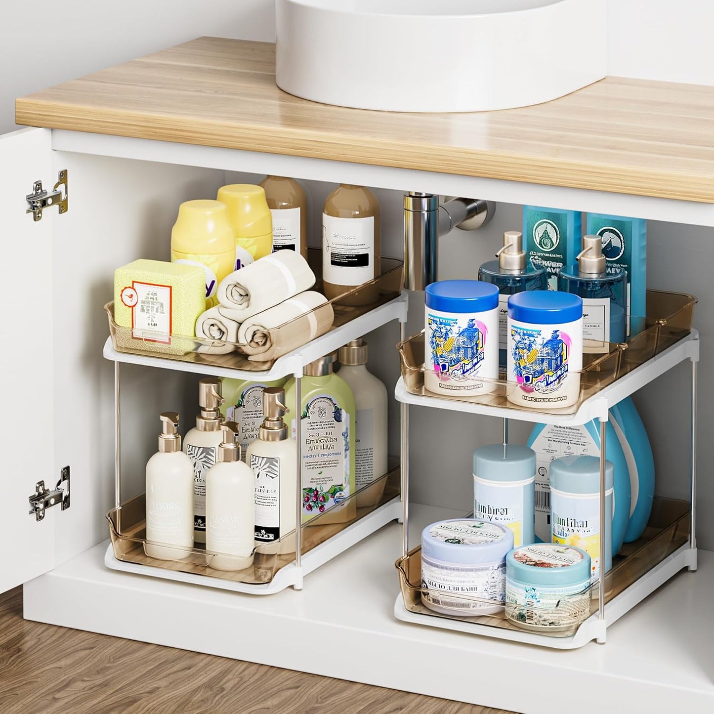 Delamu 2-Tier Multi-Purpose Bathroom Under Sink Organizers and Storage, Stackable Kitchen Pantry Organization, Pull Out Medicine Cabinet Organizer with Movable Dividers, White, 2 Pack