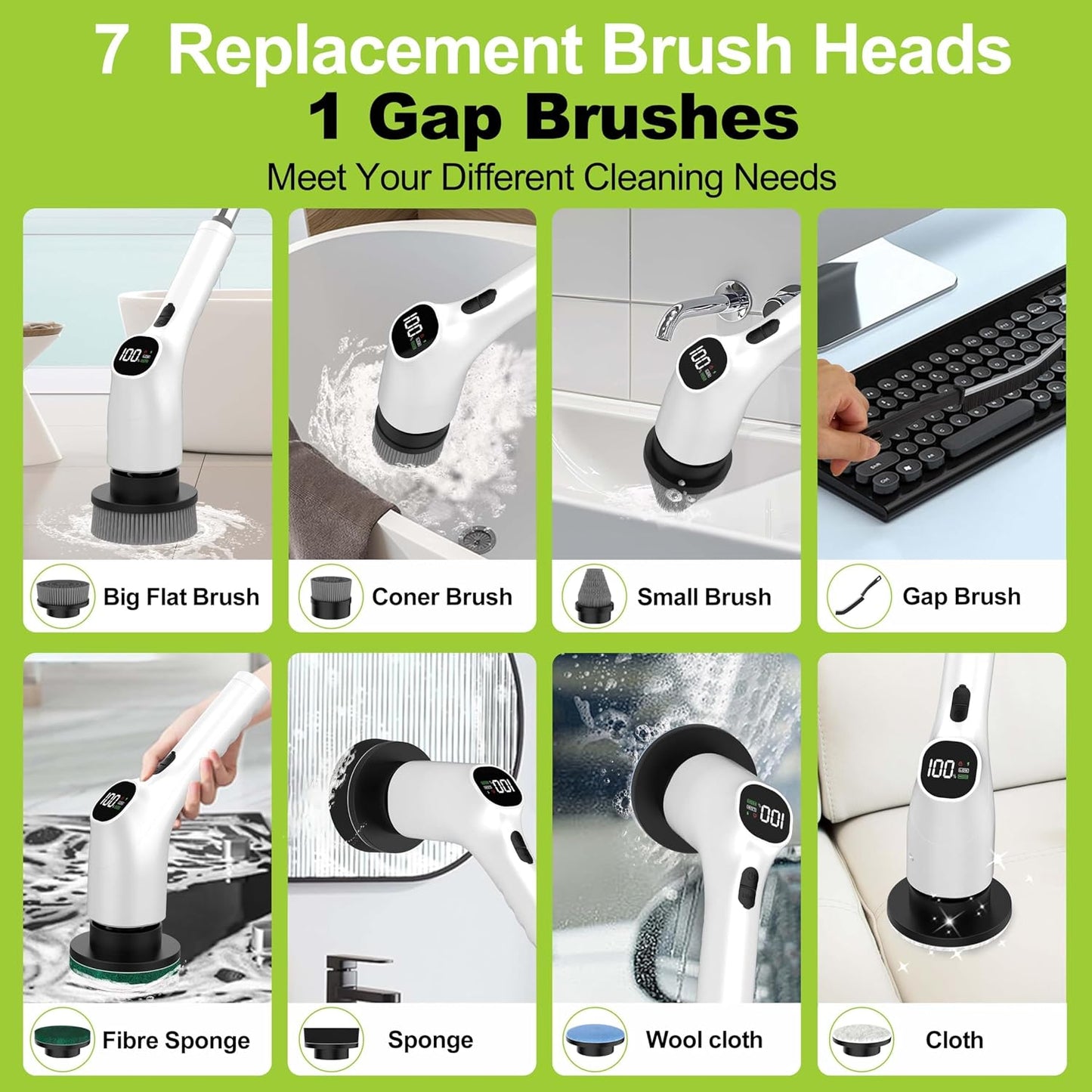 WKY-Electric Spin Scrubber - 10-in-1 Cordless Shower Scrubber & Cleaning Brush with Extendable Handle, 42 in-lbs Ultra High Torque, 2 Speeds, IPX7, LED Display, Smart AI Chip, for Bathroom, Kitchen