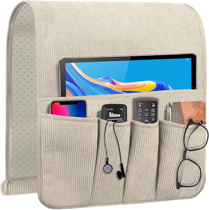 Remote Control Holder, Anti Slip Armchair Caddy Couch Caddy with 5 Pockets | Remote Holder Couch Caddy with 5 Pockets for Storage Accessories Bedside Organizer Senior Gifts (Beige,35''x12.4'')