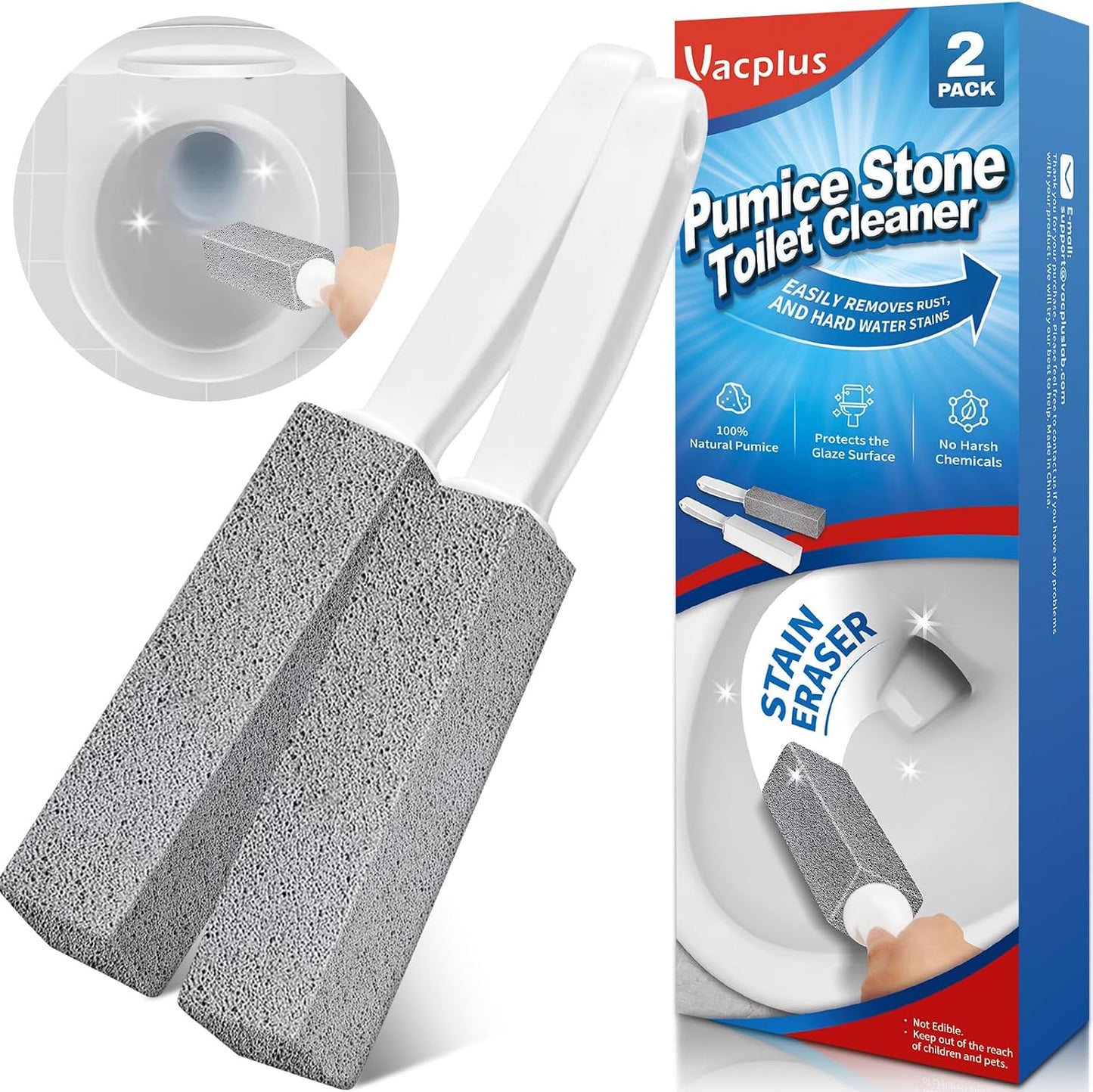 Vacplus Toilet Brush, 2 Pack, 100% Pumice Stone, Long Handle | Toilet Bowl Cleaner, Pool, Bathroom Sink, Removes Limescale Rust