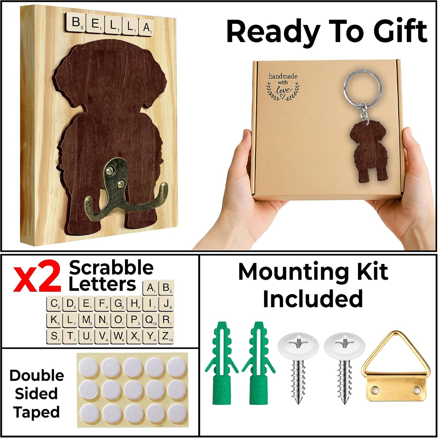 Dog Leash Holder Wall Mount, Pet Harness Hanger with Scrabble Letters, Dog Collar Organizer for Entryway, Memorial Cat Leash Holder for Wall, Pet Loss Gifts, Keepsake, Home Decor PF212-NAT