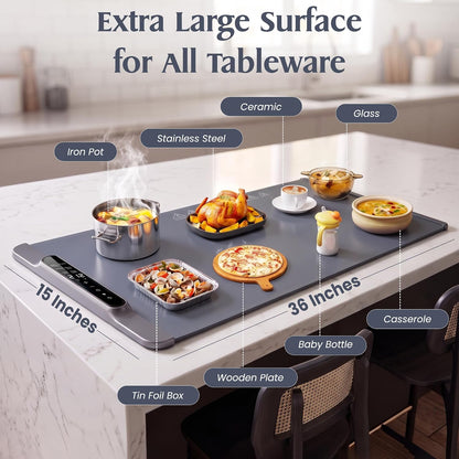 Warming Mat for Food Extra Large - 36”x15” Electric Food Warmer with Heat Resistant Pad, 14 Temperature & 20 Timer Settings with 6 Preset Modes, Dual Temperature Display, Child Lock & Auto Shut-Off