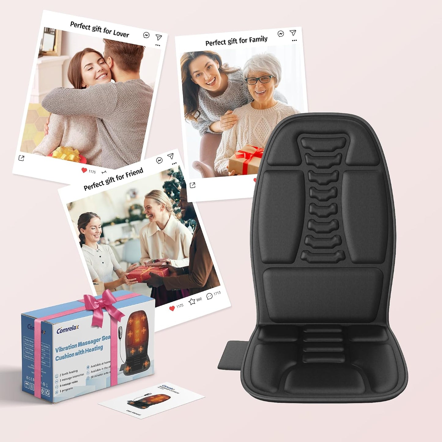 Massage Seat Cushion with Heat, 6-Motor Vibration Back Massager for Chair, Chair Massager Pad with 4 Modes & 3 Intensities for Office Chair, Sofa and Recliner