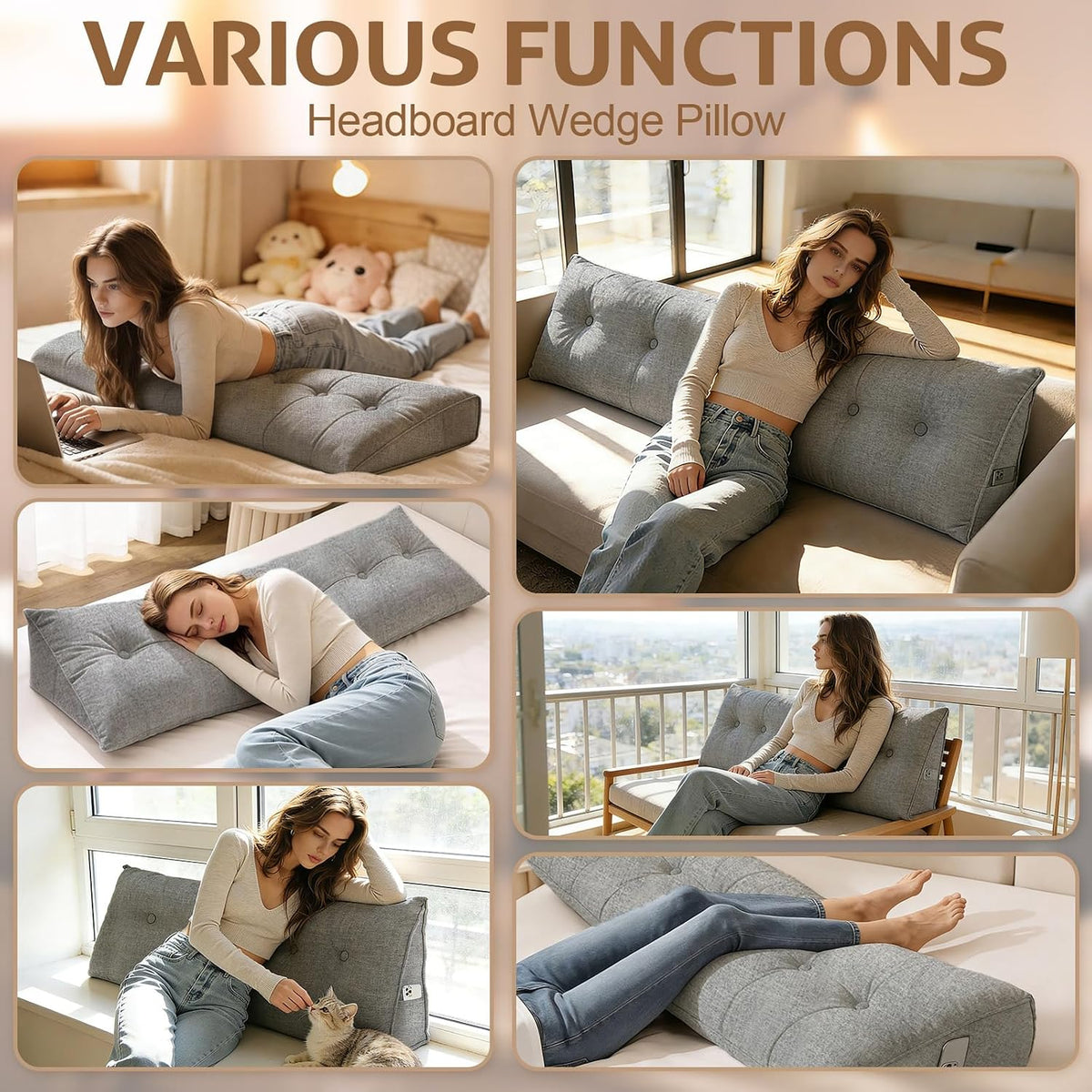 Wedge Pillow – Reading & Bed Rest Pillow for Sitting in Bed, Couch, or Floor, Multi-Purpose Headboard Wedge for Sleeping, After Surgery, Leg & Back Support, Neck Cushion & Washable Cover, Dark Gray