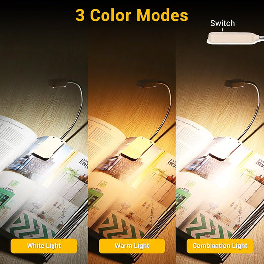 Book Light 2 Pack, Rechargeable Reading Lights for Books in Bed-Eye Caring 3 Colors, Stepless Dimming, 360° Flexible Studying Small Desk Lamp, Lightweight Clip-on LED Night Light for Book Lovers, Kids