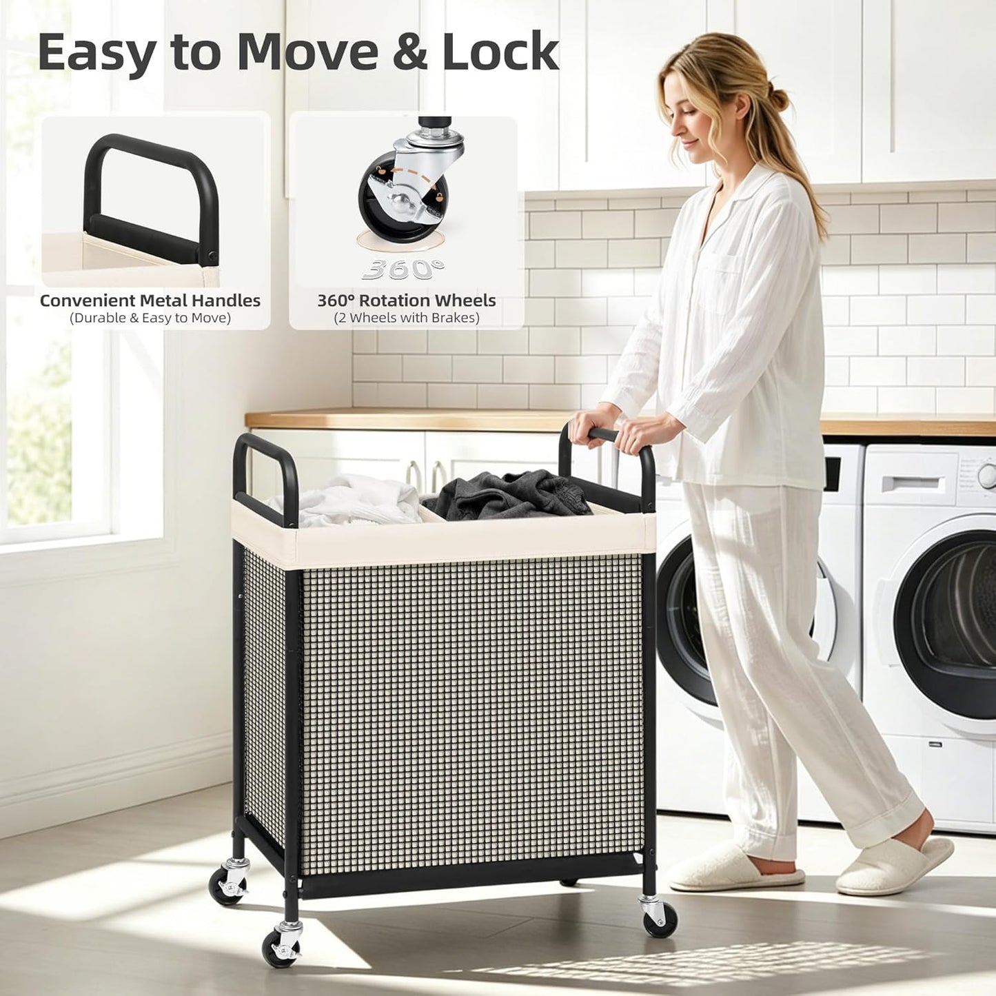 STORAGE MANIAC Rolling Laundry Hamper with Wheels 2-Section Laundry Sorter Rolling Laundrys Basket on Wheels with Removable Bag Clothes Hamper Laundrys Organizer Cart Bathroom Bedroom 100L Beige