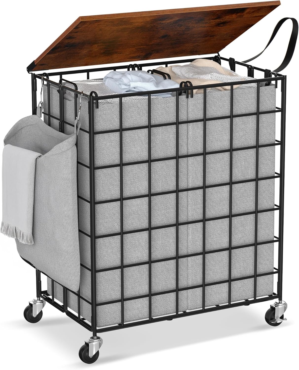 90L Laundry Basket with Wheels, Large Capacity Laundry Hamper with Removable Liner Bags, Heavy Duty Laundry Sorter with Solid Wood Lid & Leather Handles, Grey