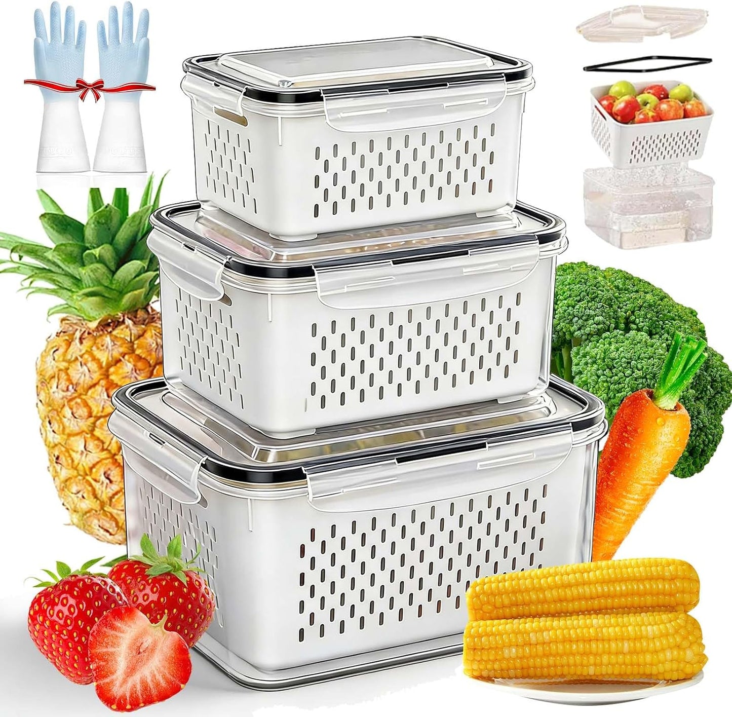 4 In 1 Food Storage Container, Fruit Storage Containers for Fridge, Household Transparent Plastic Food Storage Box-Including Drain Basket, Soak, Wash, Drain, and Store (Gray, S+M+L)