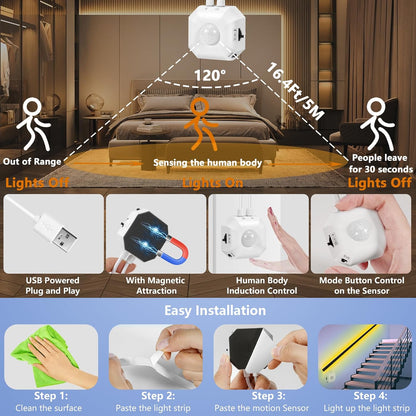 Dual Motion Sensor Light Strip Indoor Under Bed Lights Warm White 16.4Ft | Motion Activated LED Strip Lights, Auto On/Off, Two-End Motion Sensors Night Lighting 12V For Bedside Stair Cabinet Hallway