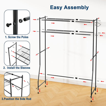 Laundry Room Storage Shelf & Organizer, 2 Tier Metal Over Washer and Dryer Shelves, Washing Machine Shelf with Hanger Rod, Expandable Bathroom Space Saver Shelf, 26–37" L x 15.8" W x 59.5" H, Black