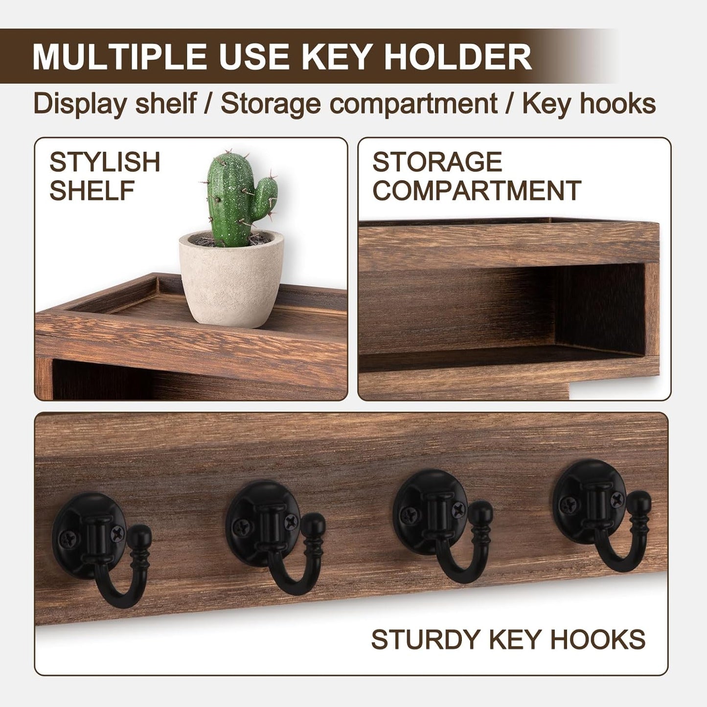 Key and Mail Holder Wall Mount with Long Storage Box and 6 Hooks | Key Holder For Coat, Dog Leash, Home Decor Rack, Entry Way Organizer