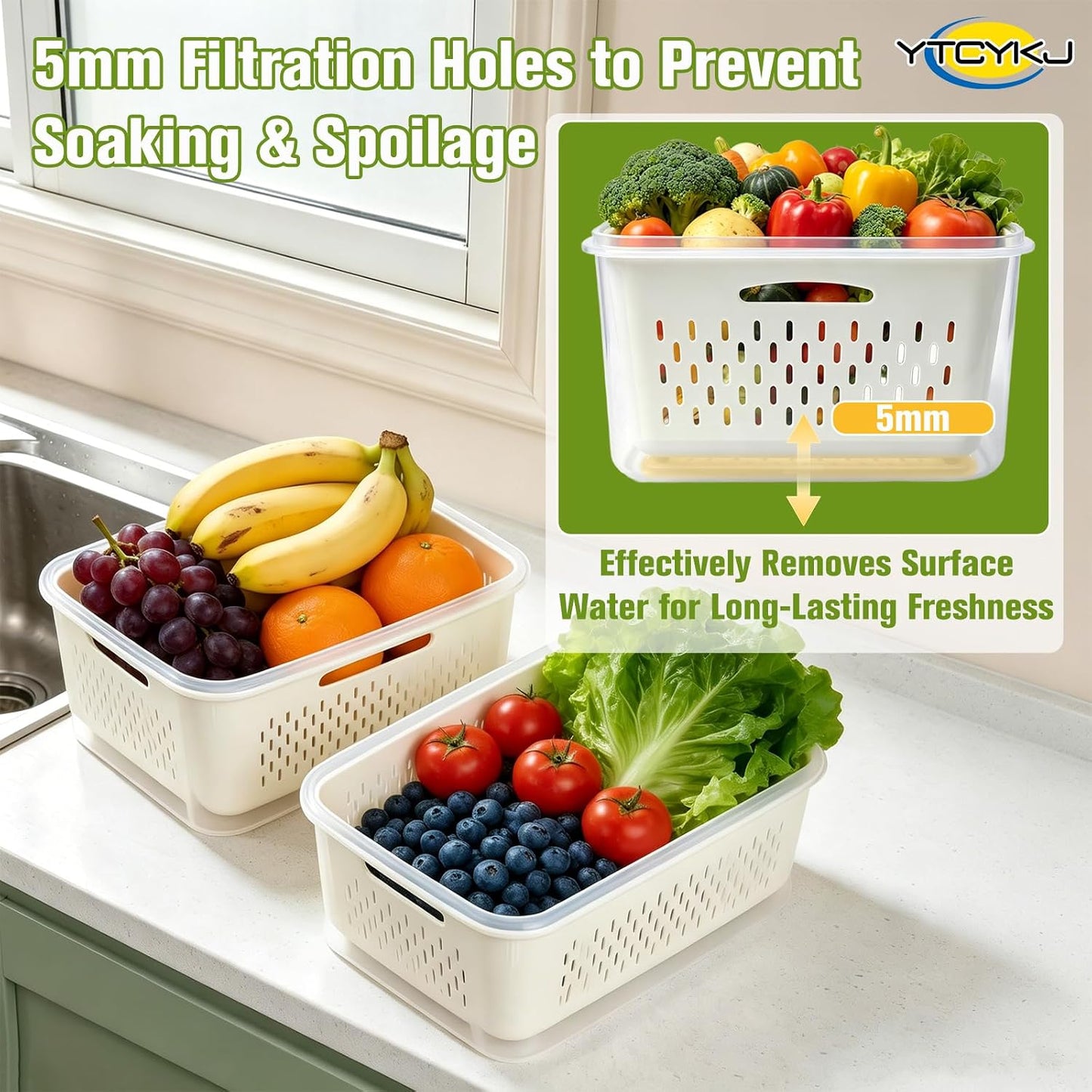 5-Pack Fruit Storage Containers for Fridge with Removable Colanders & Lids | Clear Plastic Produce Storage Containers for Fruits, Veggies, Salad, Berries | Leak-Proof, Microwave Safe