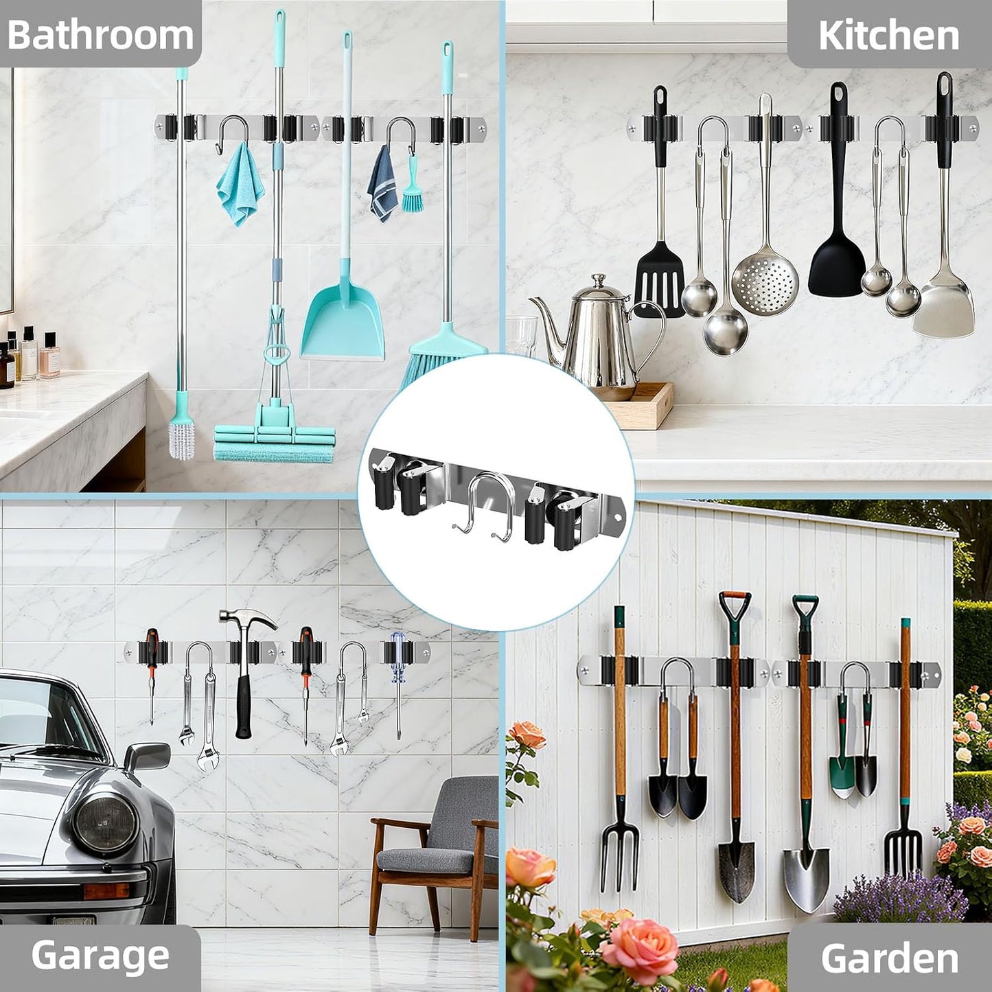 Broom Holder Wall Mount, Stainless Steel Mop and Broom Organizer, Broom Hanger with 2 Slots 2 Hooks for Home Kitchen, Garage, Garden and Laundry Room, Black
