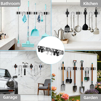 Broom Holder Wall Mount, Stainless Steel Mop and Broom Organizer, Broom Hanger with 2 Slots 2 Hooks for Home Kitchen, Garage, Garden and Laundry Room, Black