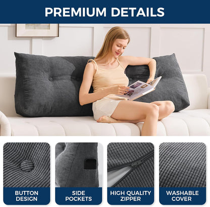 IASEAHK Headboard Pillow Queen, Triangle Pillows for Headboard, Head Board Backrest Wedge Pillow for Reading Sitting Working, Daybed Pillows with Removable Cover for Bed Dorm Sofa, Dark Grey