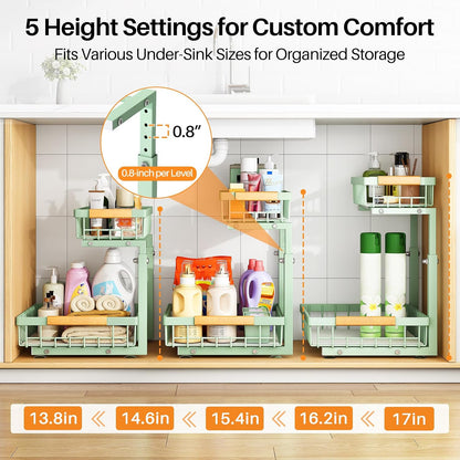 PXRACK Under Sink Organizer, Adjustable Height, 2 Tier Pull Out Under Cabinet Organizer, Slide Out Thickened Metal Under Sink Storage for Kitchen Bathroom Laundry Pantry Cabinet, White, Large-2-Pack