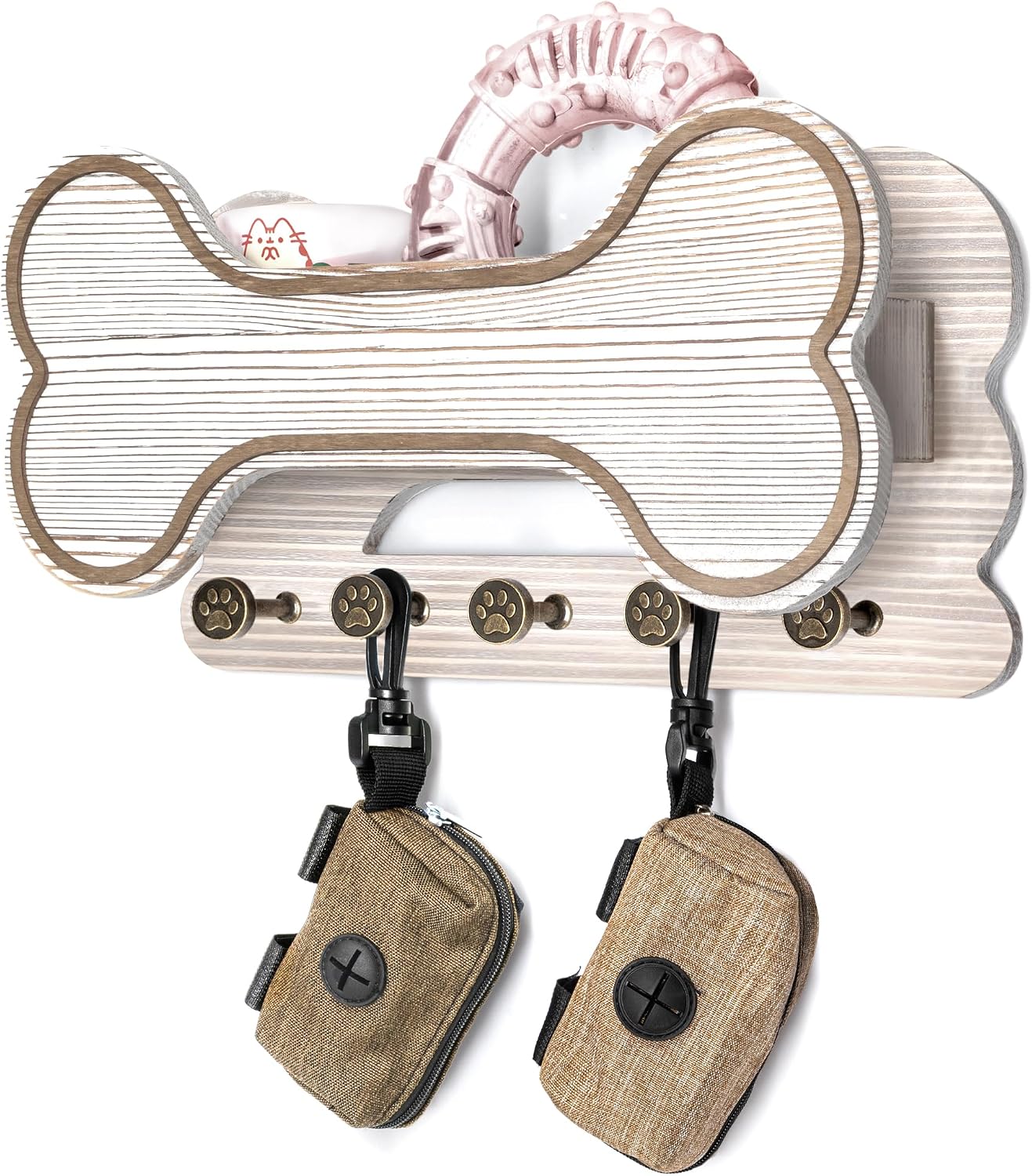 MTERSN Dog Leash Holder for Wall with Key Hooks for Dog Gear Storage, Brown | 3D Puppy Paw Hooks, Doggie Bone Shape, Key Rack with 5 Hooks, Wall Shelf for Treats & Dog Food, Ideal for Wall Decor