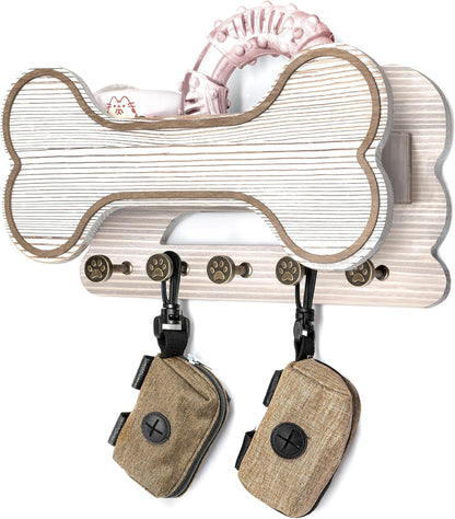 MTERSN Dog Leash Holder for Wall with Key Hooks for Dog Gear Storage, Brown | 3D Puppy Paw Hooks, Doggie Bone Shape, Key Rack with 5 Hooks, Wall Shelf for Treats & Dog Food, Ideal for Wall Decor