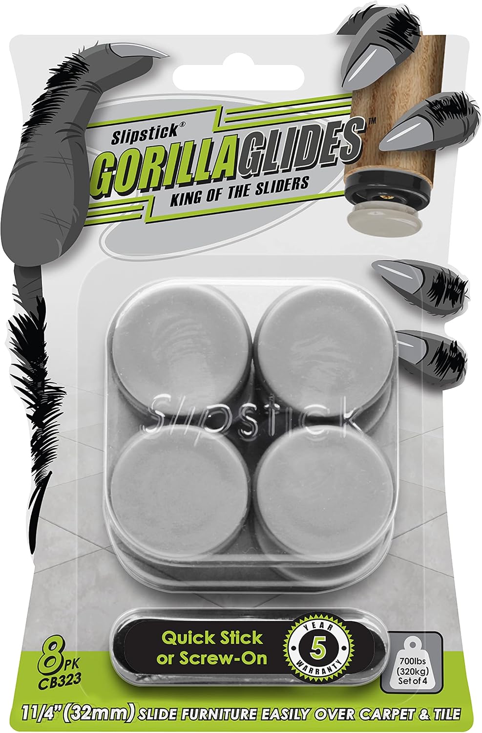 GorillaGlides 1 Inch Chair Sliders/Furniture Floor Protectors (16 Furniture Glides) Self-Adhesive Screw On Chair Glides for Sliding on Low-Pile Carpet & Hard Surface Floors, Round