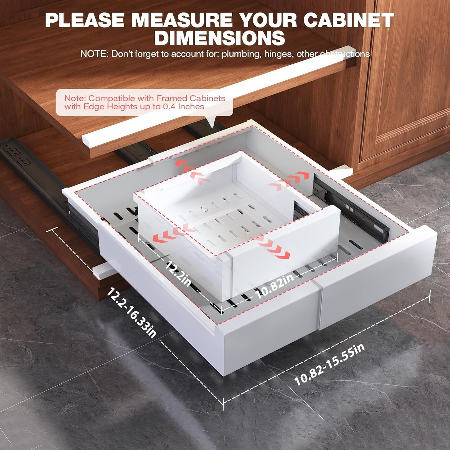 Seinloes Pull Out Cabinet Organizer,4-Side Expandable to Maximize Cabinet Space,Slide Out Drawers with 3 Rail Design,Roll Out Shelf with Raising Pad for Framed Cabinet,13"-21"W x 17"-24"D,White,2 Pack