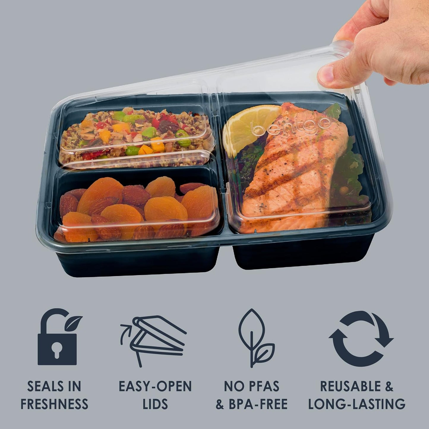 Bentgo Prep 3-Compartment Meal Prep Containers with Lids, 20 Piece Set | 4-Cup Capacity, Portion Control, Stackable, Microwave, Freezer & Dishwasher-Safe, PFAS & BPA-Free (Navy Blue)