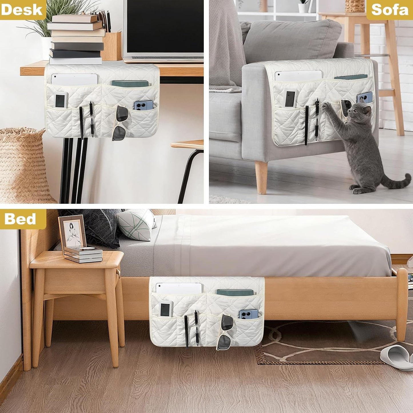 Remote Control Holder for Recliner, Armchair Caddy, Non Slip Sofa Armrest Organizer for Recliner Couch With 6 Pockets for TV Remote,Cell Phone,Magazine (Off-White)