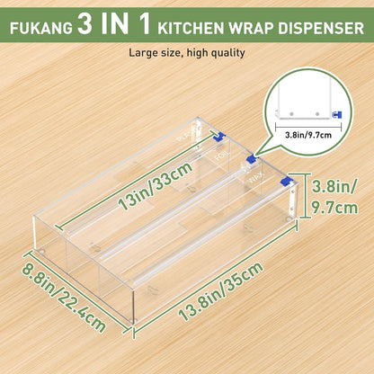 3 in 1 Clear Acrylic Foil, Plastic Wrap Organizer with Cutter | Kitchen Storage, Aluminum Foil Dispenser, Wax Paper Holder, For Drawer or Wall Mount, Fits 12 Inch Roll