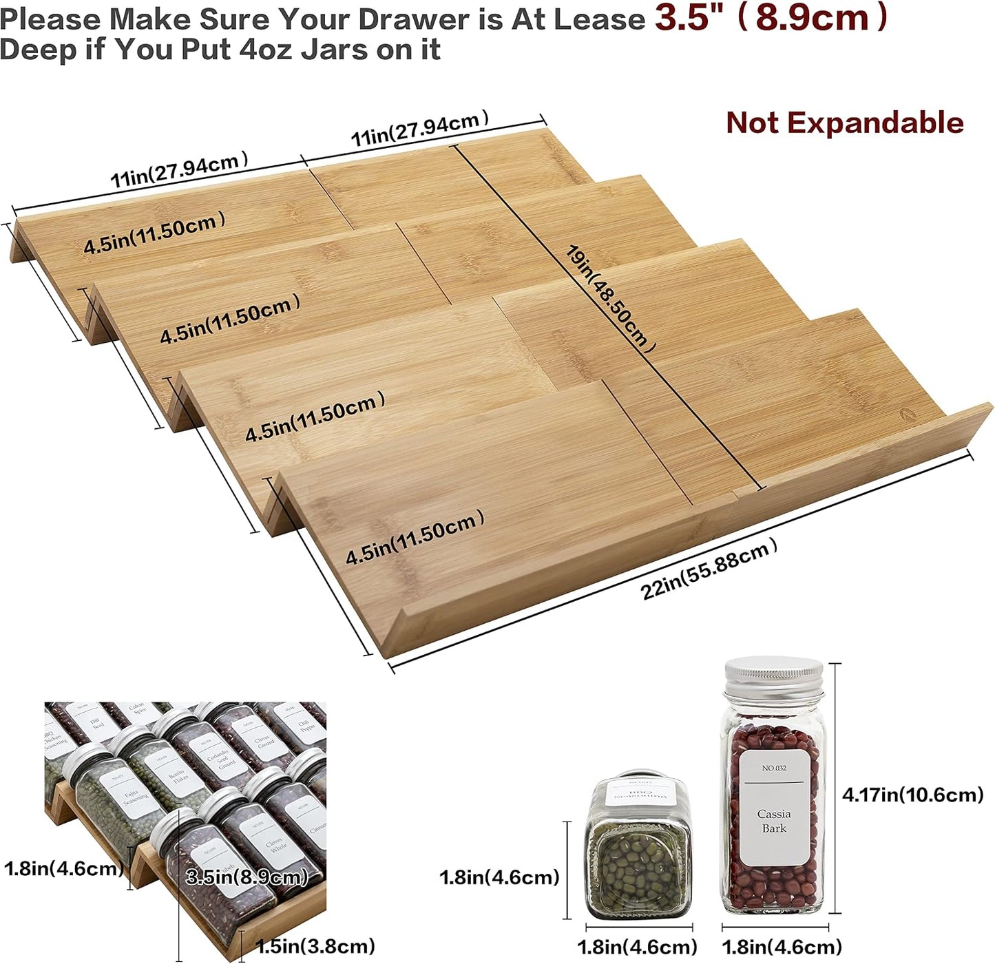 Bamboo Spice Rack Drawer Organizer - 8 Pieces Set- 7" Wide Per Piece - Combine Pieces Into 14" Wide Rack (7" or 14")