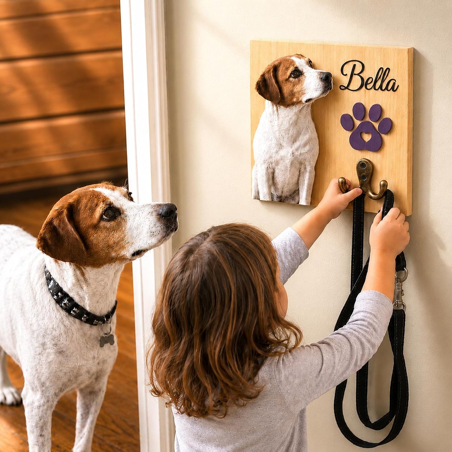 Dog Leash Holder Wall Mount, Pet Harness Hanger with Scrabble Letters, Dog Collar Organizer for Entryway, Memorial Cat Leash Holder for Wall, Pet Loss Gifts, Keepsake, Home Decor PF212-NAT