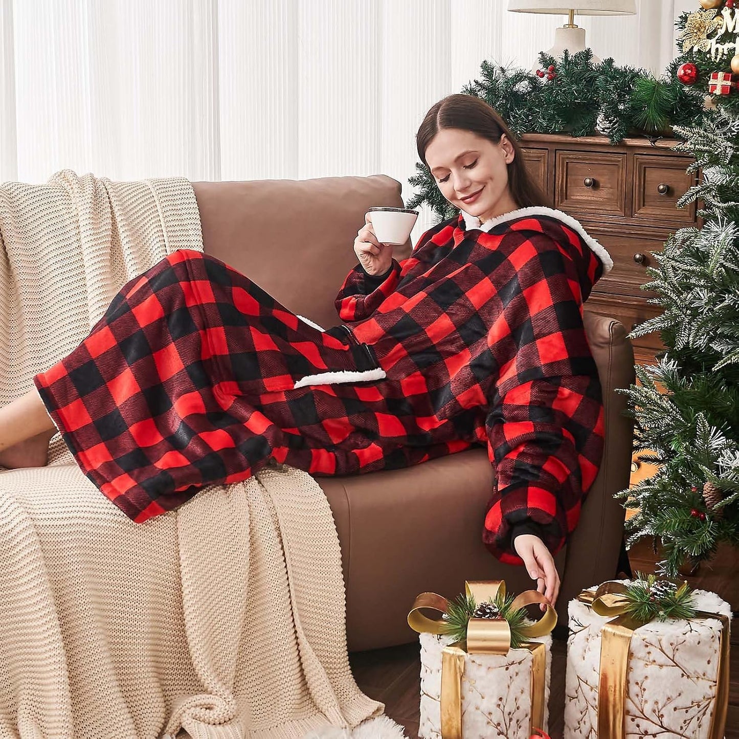 yescool Wearable Blanket Hoodie, Flannel Sherpa Fleece Blanket Sweatshirt for Adults Women Men,One Size Fits All - Colors A