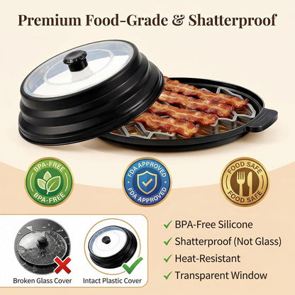 Microwave Bacon Cooker with Lid, 3-Piece Bacon Tray for Microwave Oven | Crispier Bacon with Less Grease,Collapsible Cover,Grease-Draining Rack,Oil Collection Tray,BPA-Free Material