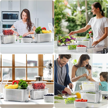LUXEAR 4 Pack Fruit Vegetable Containers for Fridge, Produce Saver Container with Lids &Removable Colander BPA-free Refrigerator Storage Organizer for Fruit Vegetable, Berry, Meat keep Fresh Longer | BPA Free with Removable Colanders Leak-proof Fridge