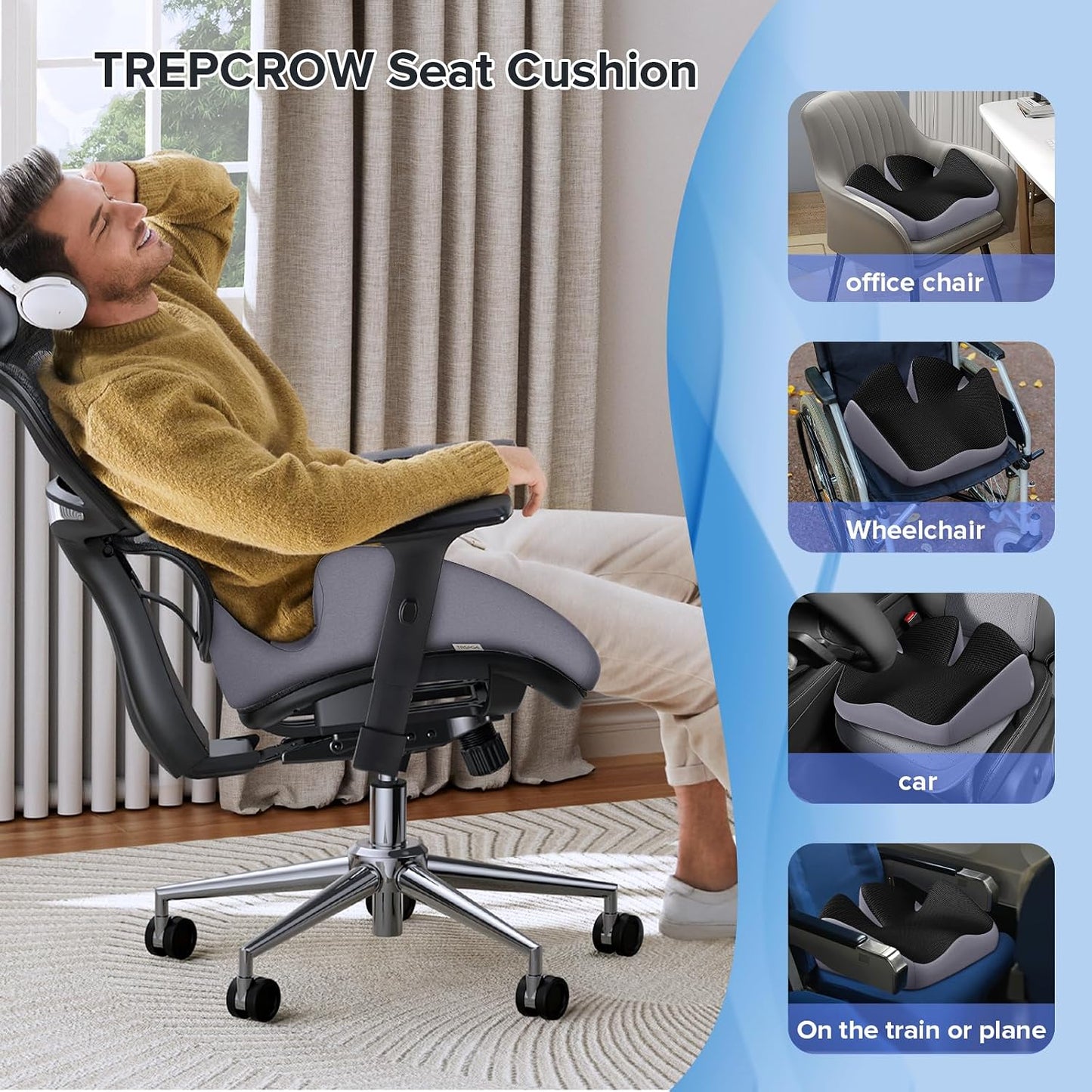 Coccyx Seat Cushion, U-Shaped Memory Foam Office Chair | High-Density Memory Foam Helps Reduce Tailbone Pressure; Washable Mesh Cover, Anti-Slip Base for Office Chair, Car & Travel