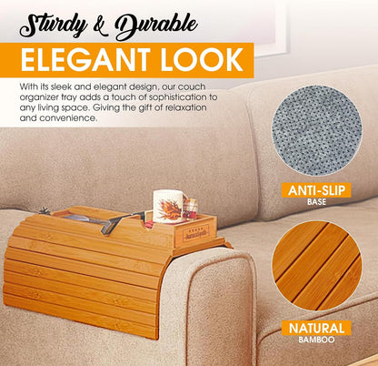 Bamboo Couch Cup Holder, 2 Cork Coasters, Anti-Slip Foldable Couch Arm Tray | 2 in 1 Foldable Sofa Arm Tray, Couch Armrest Table, Anti-Spill Couch Arm Table for Drinks TV Remote Cellphone Snacks