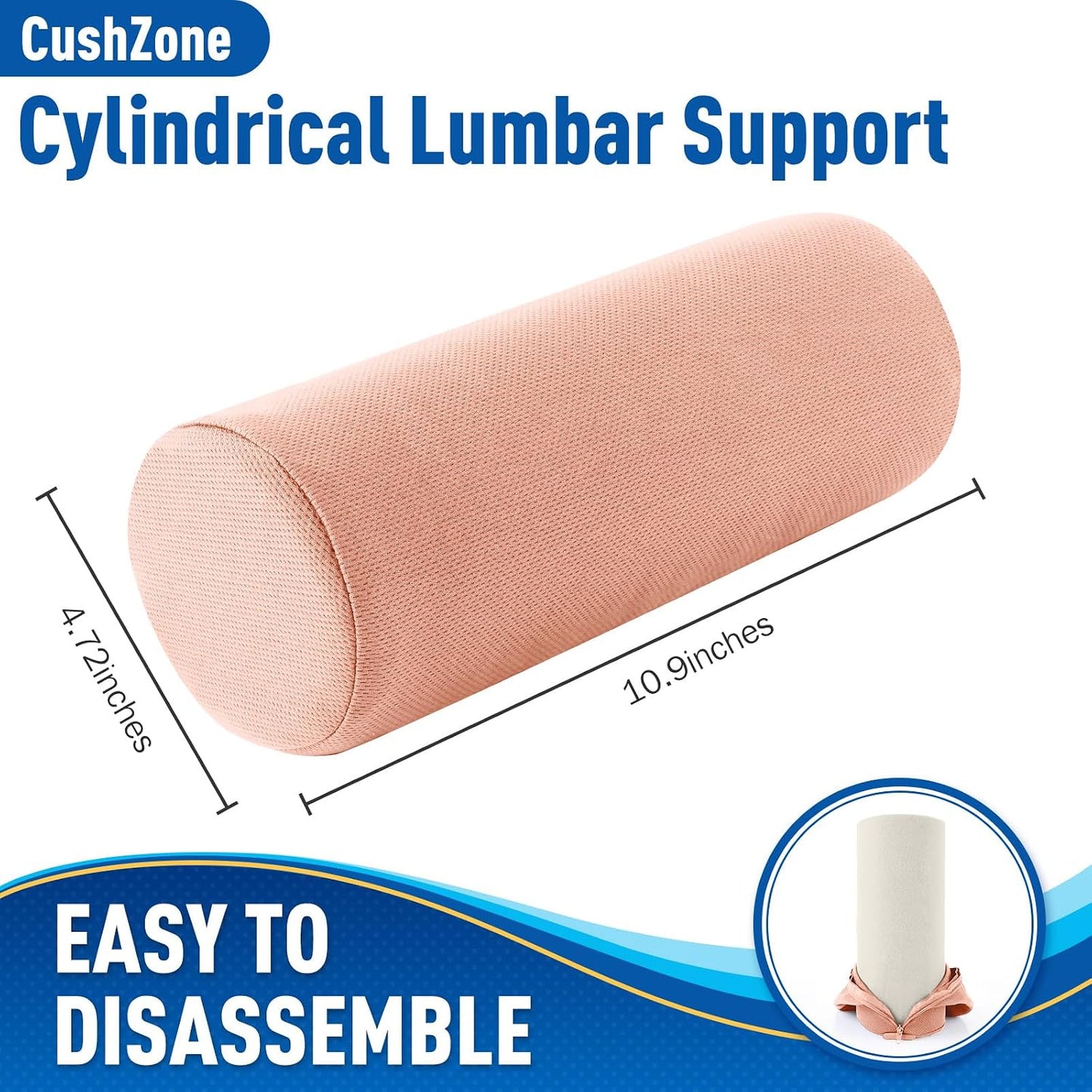 CushZone Lumbar Roll Support Pillow, Memory Foam Back Cushion, Black | Helps Relieve Back Pain & Supports Posture,Adjustable Strap Fits Office,Car & Gaming Chairs,Washable Cover